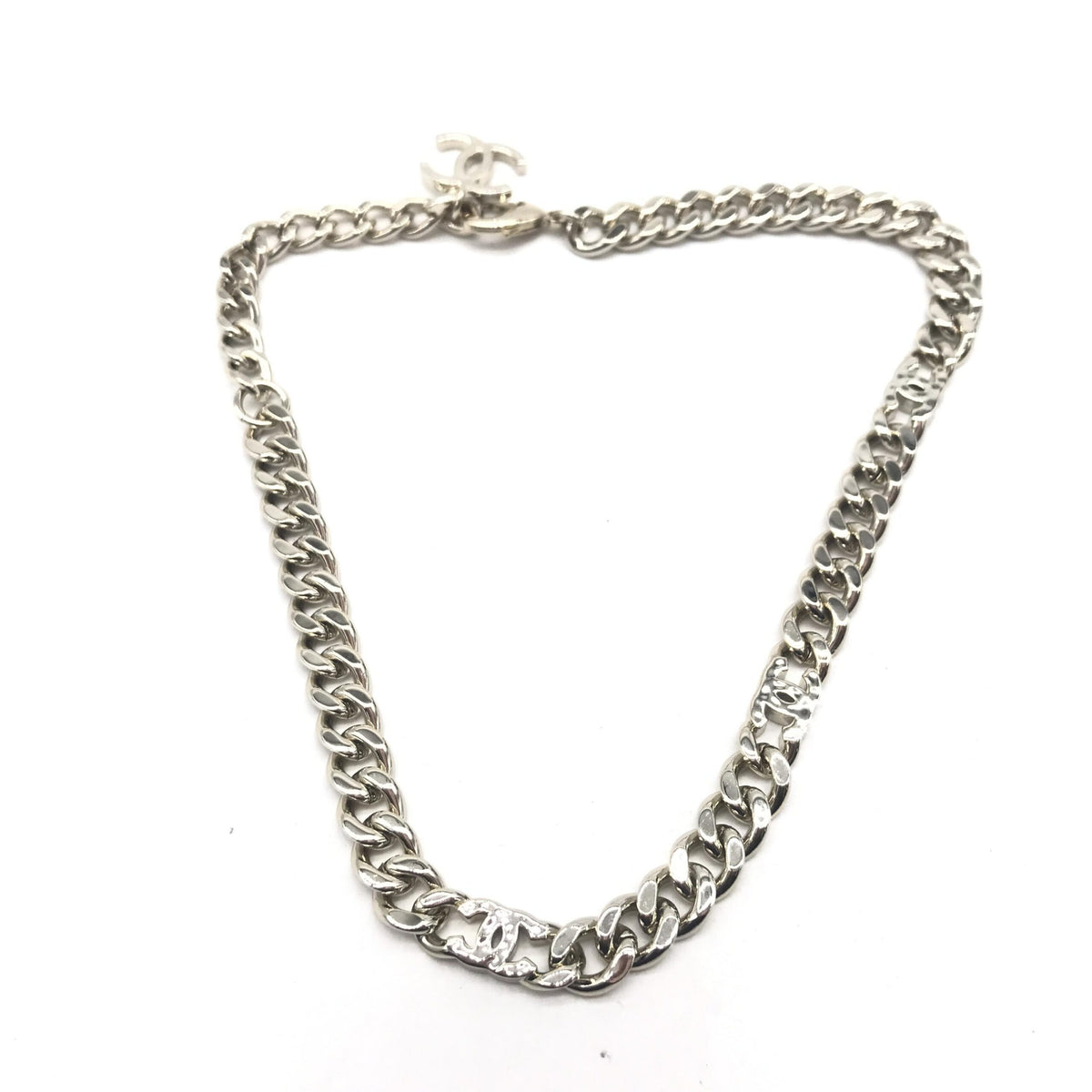 Chanel Silver Tone Curb Chain Link Necklace